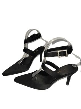 Nina Black Sateen Ankle Strap Heels W/Rhinestone Embellishment Women's Size 6.5